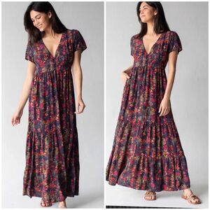 Natural Life Avangeline Maxi dress Womens L Red Floral Watercolor Boho Cottage